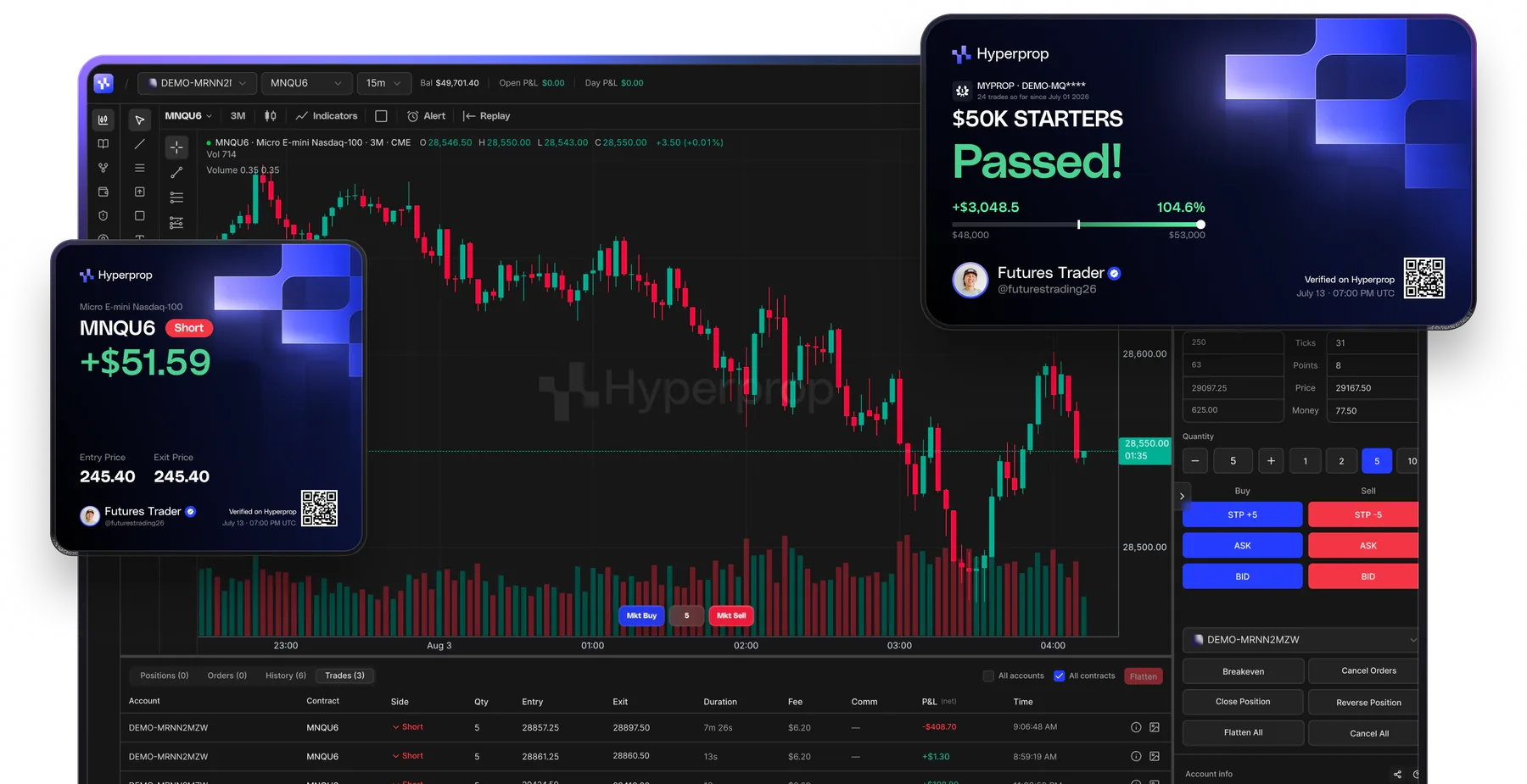Hyperprop trading dashboard with verified trading cards